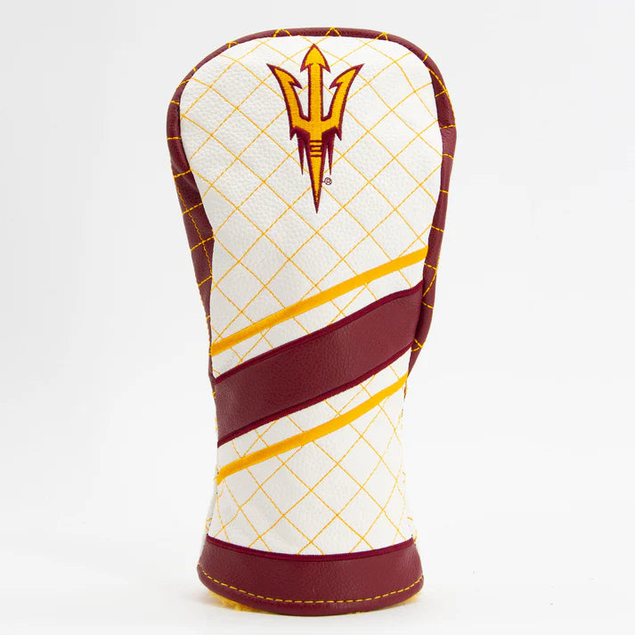 Golf club head cover with maroon and yellow design on a white background