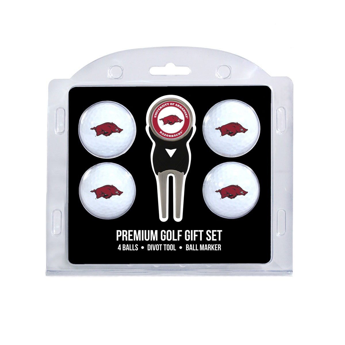 Arkansas four ball golf gift set with divot tool and ball marker