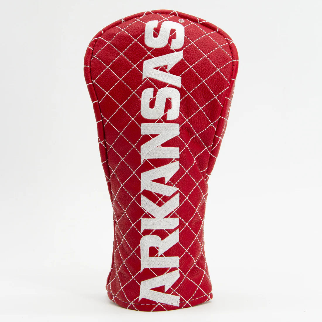 Red golf club head cover with 'ARKANSAS ' text on a white background