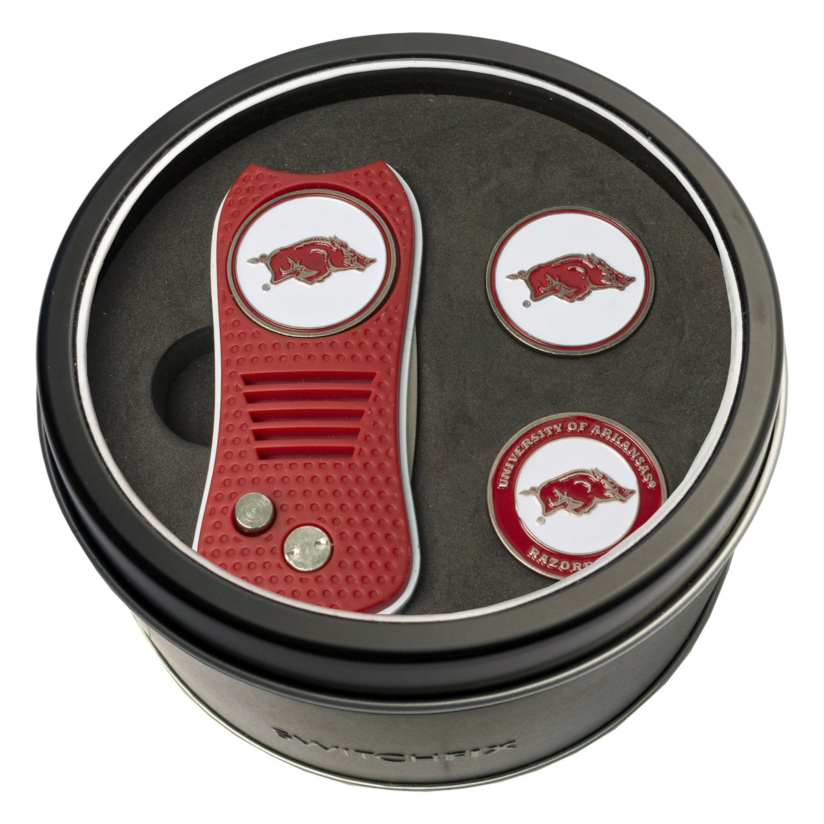 Arkansas Razorbacks Switchblade divot tool and ball marker tin gift set