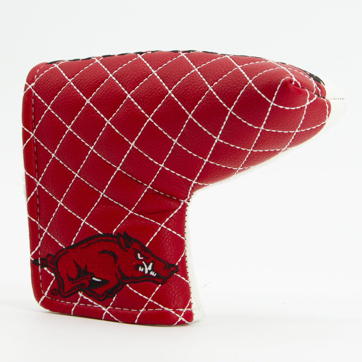 Arkansas Razorbacks split quilted blade putter cover, close-up of the stitching and textured exterior