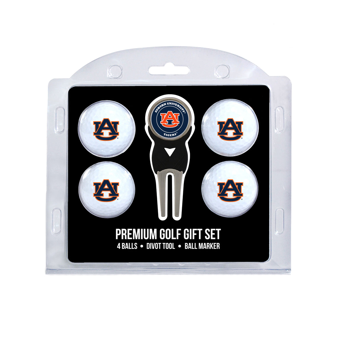 Auburn four ball golf gift set with divot tool and ball marker