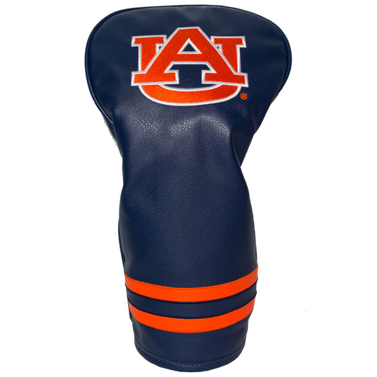 Navy golf club head cover with orange stripes and 'Auburn' logo on a white background