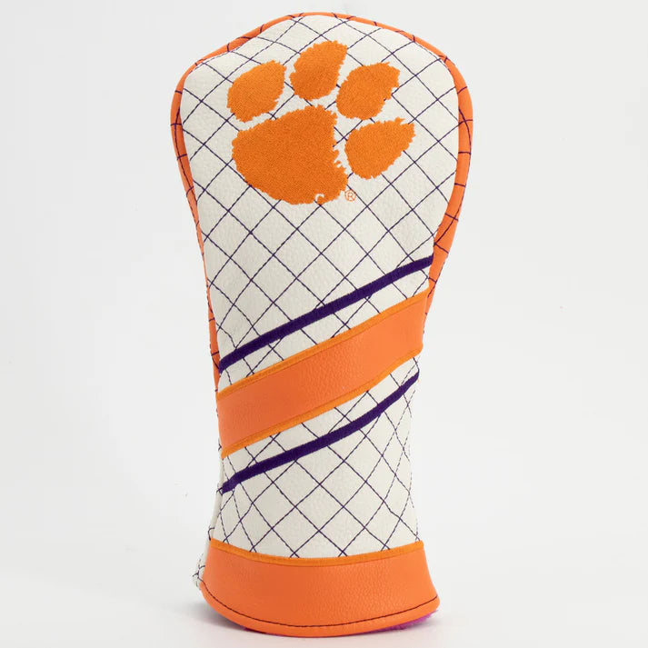 Golf club head cover with orange paw print and grid pattern on a white background