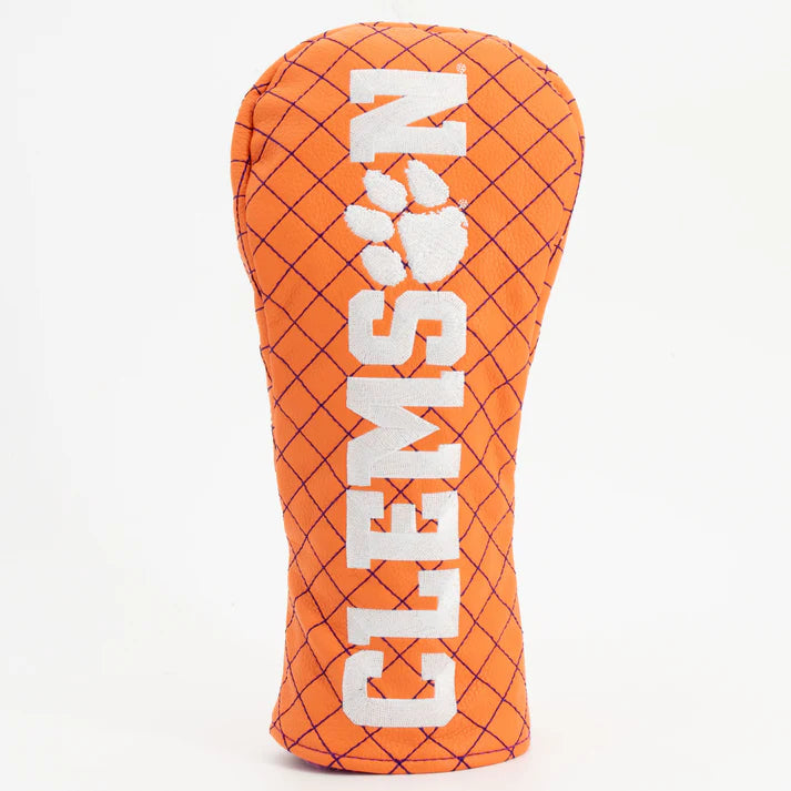 Orange golf club head cover with 'Clemson' branding on a white background