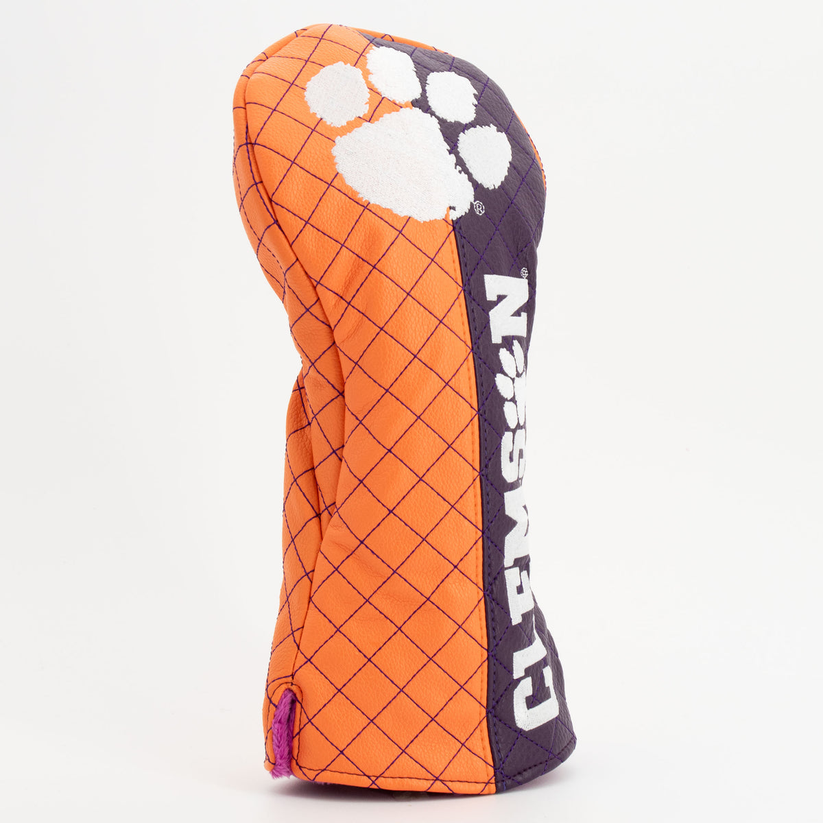Clemson Tigers split quilted driver headcover, close-up of diamond stitching and exterior texture