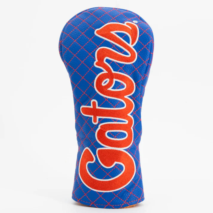 Blue golf club head cover with orange 'Gators' text on a white background