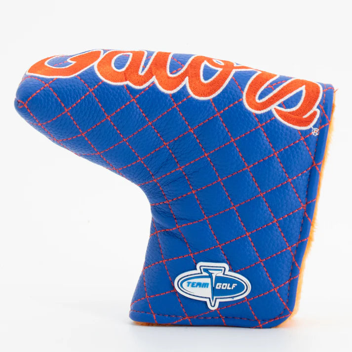 Blue golf club head cover with orange text and Team Golf logo on a white background