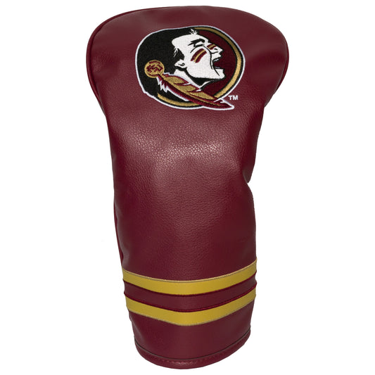 Maroon golf club head cover with a logo on a white background