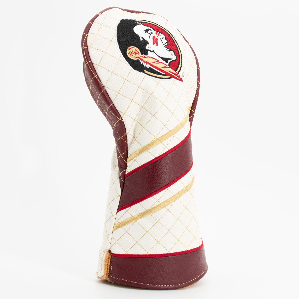 Florida State Seminoles striped quilted driver headcover, close-up of diamond stitching and exterior texture