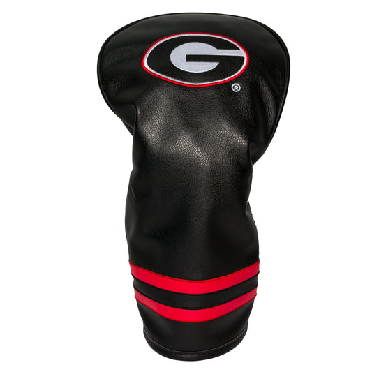 Black golf club head cover with red stripes and a logo on a white background