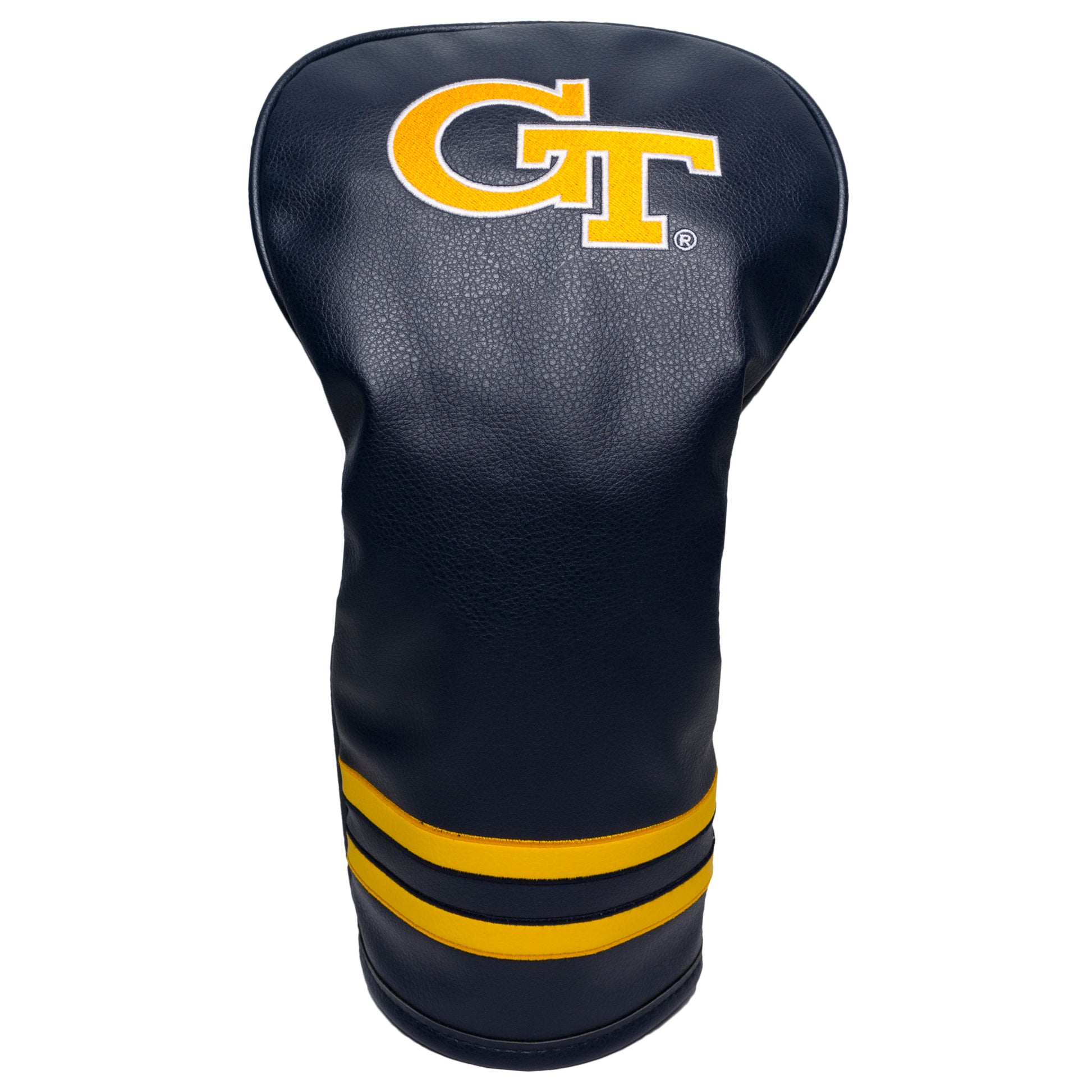 Black golf club head cover with yellow stripes and 'GT' logo on a white background