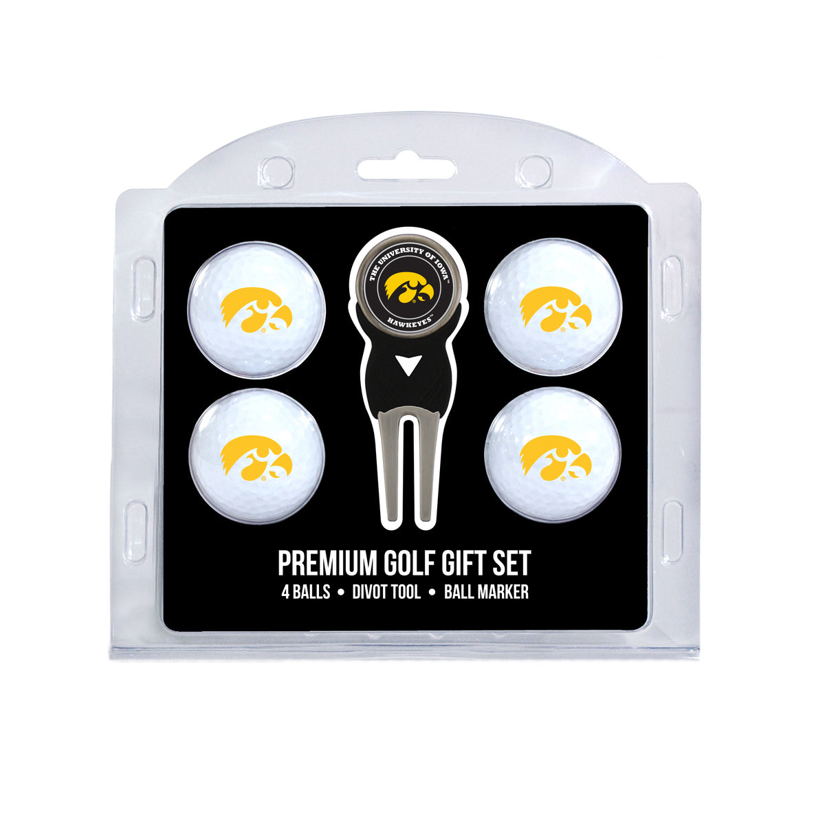 Iowa four ball golf gift set with divot tool and ball marker