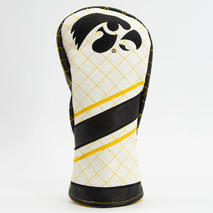 Golf club head cover with black and yellow design on a white background