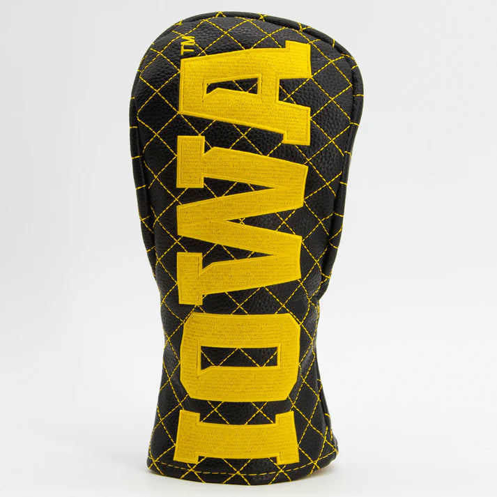 Golf club head cover with yellow text on a white background