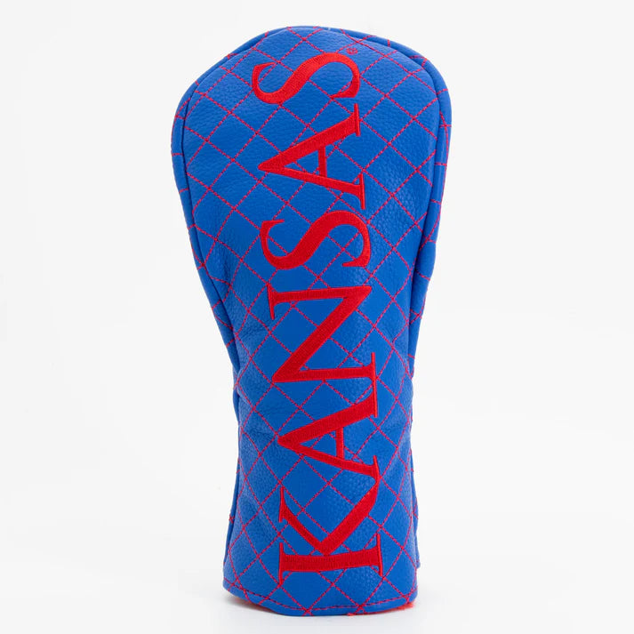 Blue golf club head cover with red 'KANSAS' text on a white background