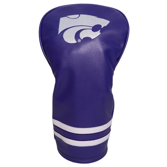 Purple golf club head cover with white logo and stripes on a white background