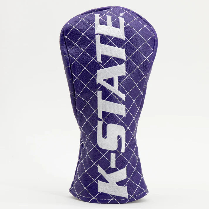 Purple golf club head cover with 'K-State' text on a white background