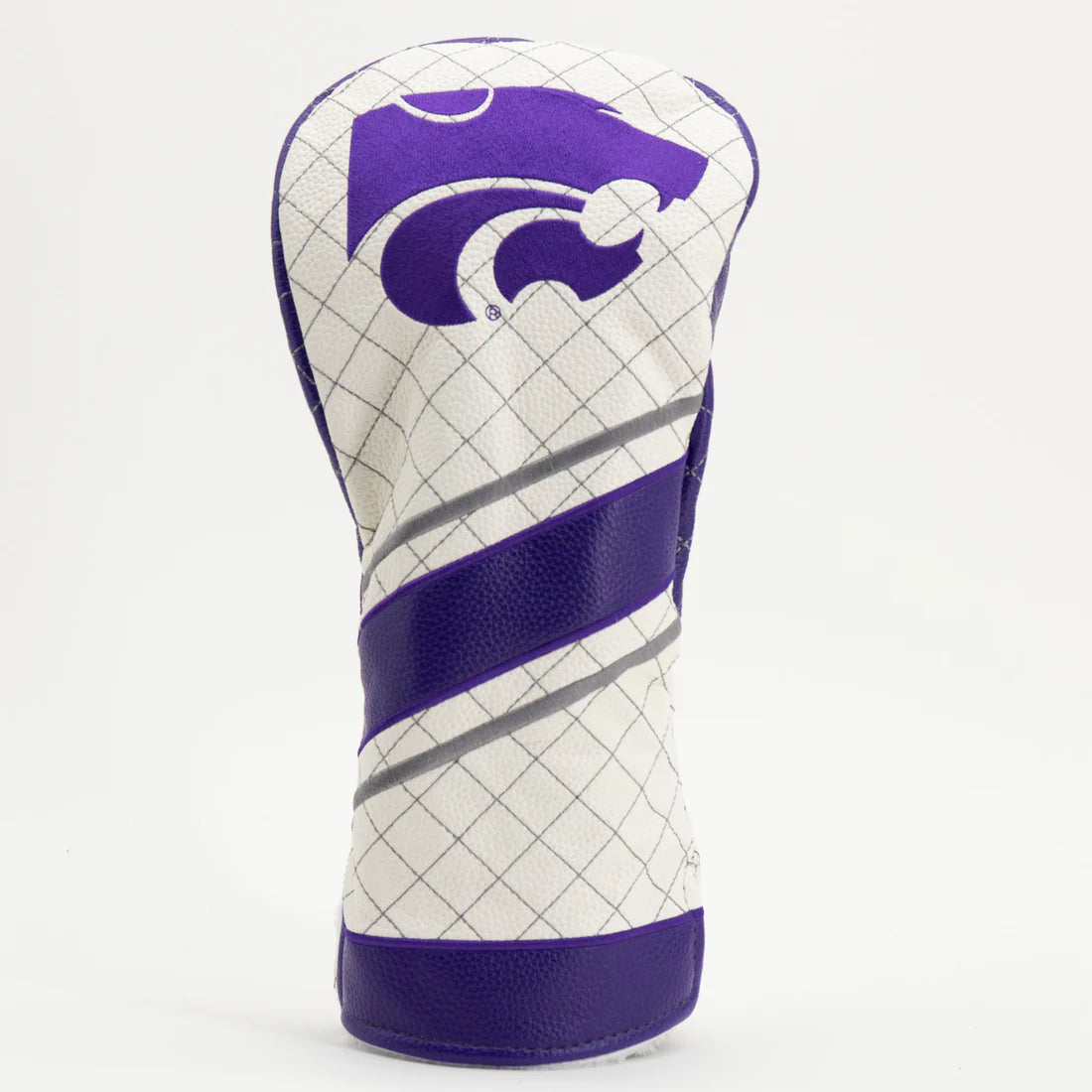Golf club head cover with purple and white design on a white background