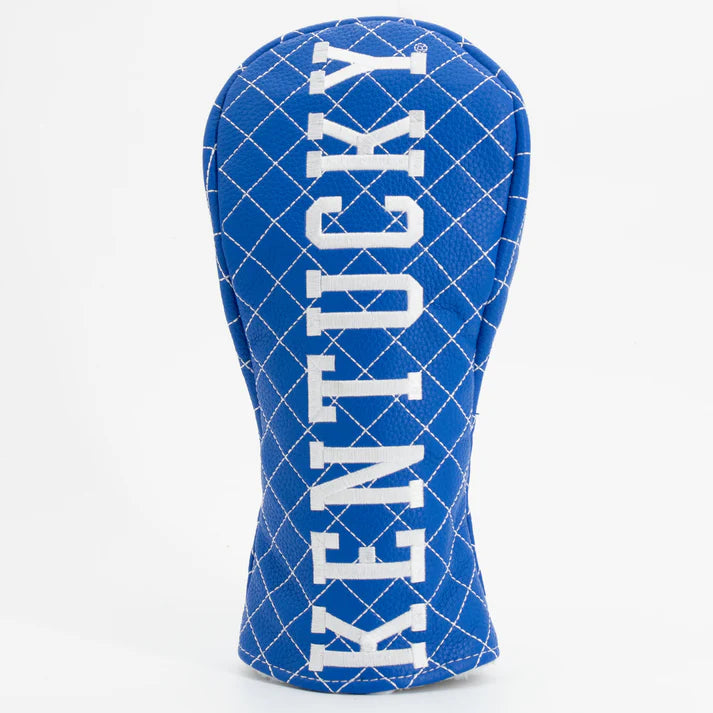 Blue golf club head cover with 'Kentucky' text on a white background