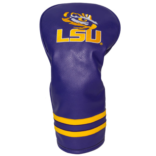 Purple golf club head cover with LSU logo on a white background