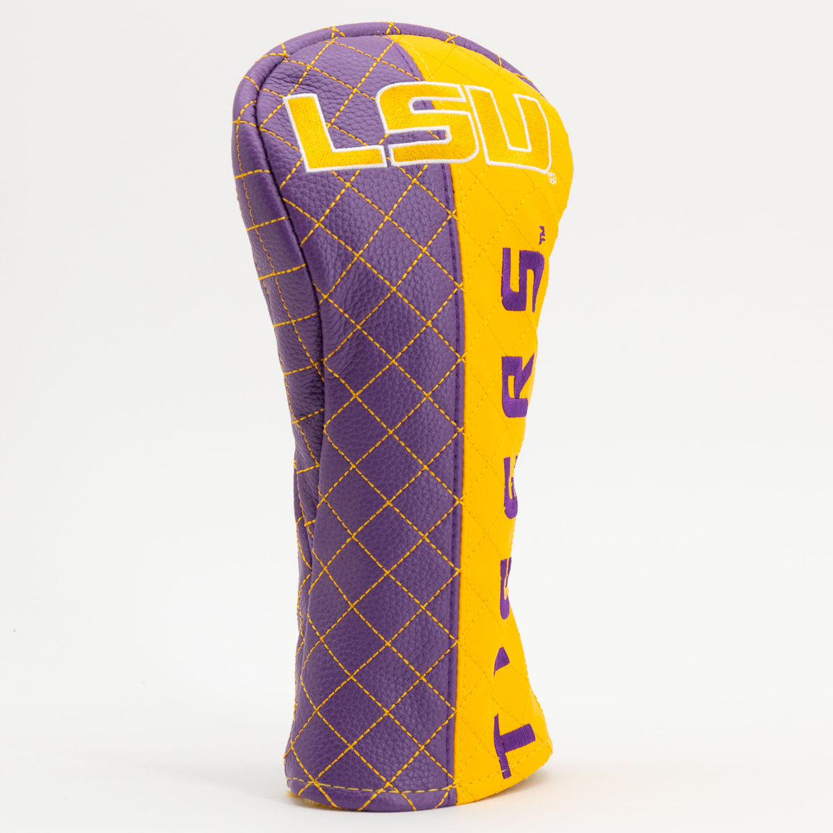 LSU Tigers Split Quilted Fairway Headcover, close-up of the diamond stitching and textured exterior
