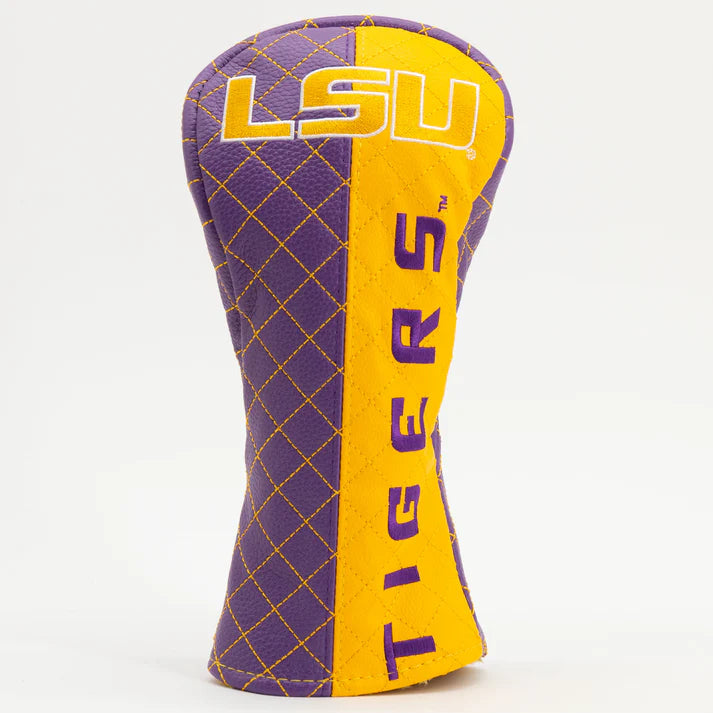 Golf club head cover with LSU logo on a white background