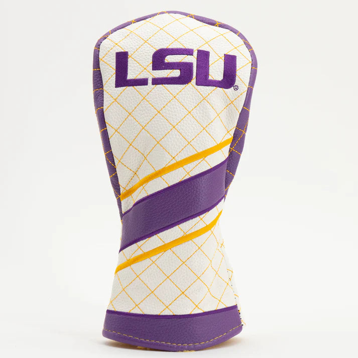 Golf club head cover with LSU logo on a white background