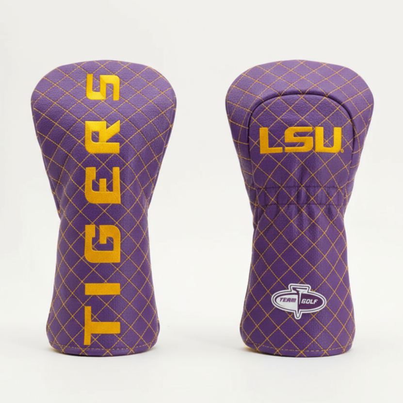 Two purple golf club head covers with 'Tigers' and 'LSU' branding on a white background.