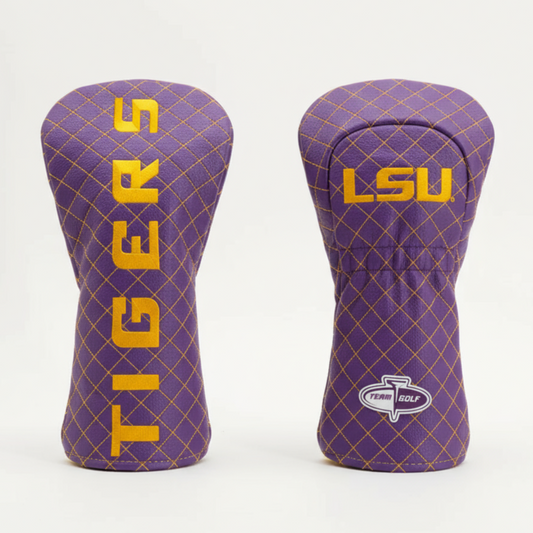 Two purple golf club head covers with 'Tigers' and 'LSU' branding on a white background.