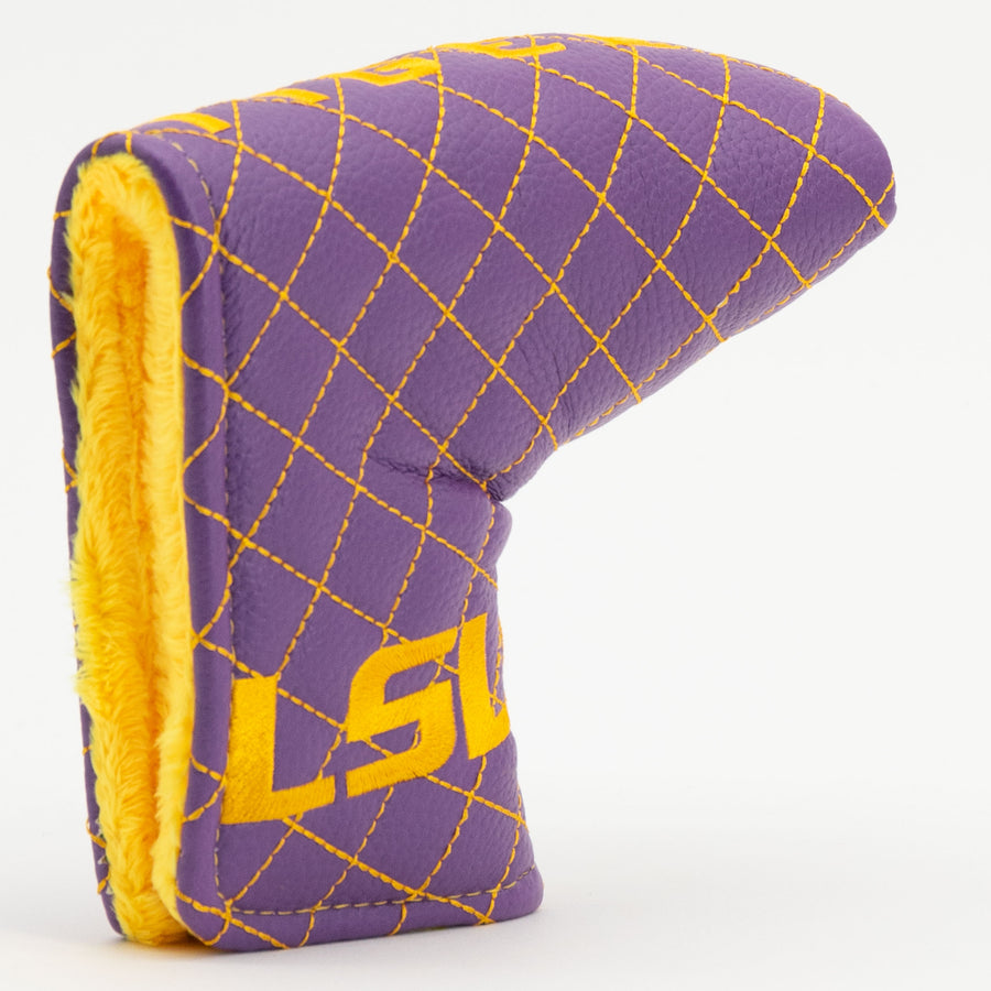 LSU Tigers solid quilted blade putter cover: original opening and lining detail