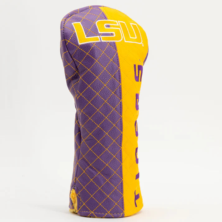 Golf club head cover with LSU logo on a white background