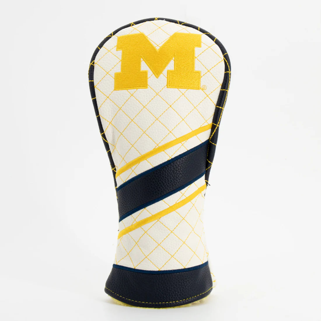 Golf club head cover with yellow 'M' logo on a white background