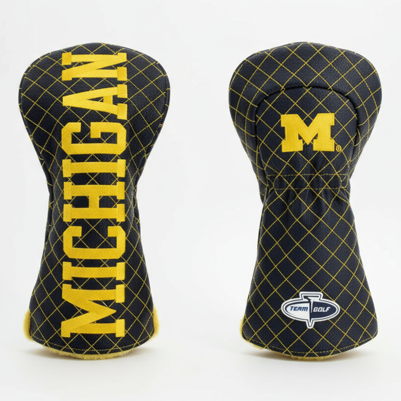 Two golf club head covers with 'Michigan' text and a logo on a white background