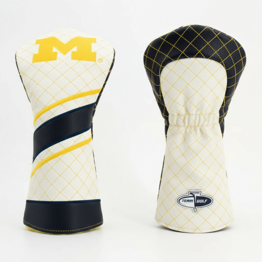 Two golf club head covers with a prominent 'M' logo on a white background