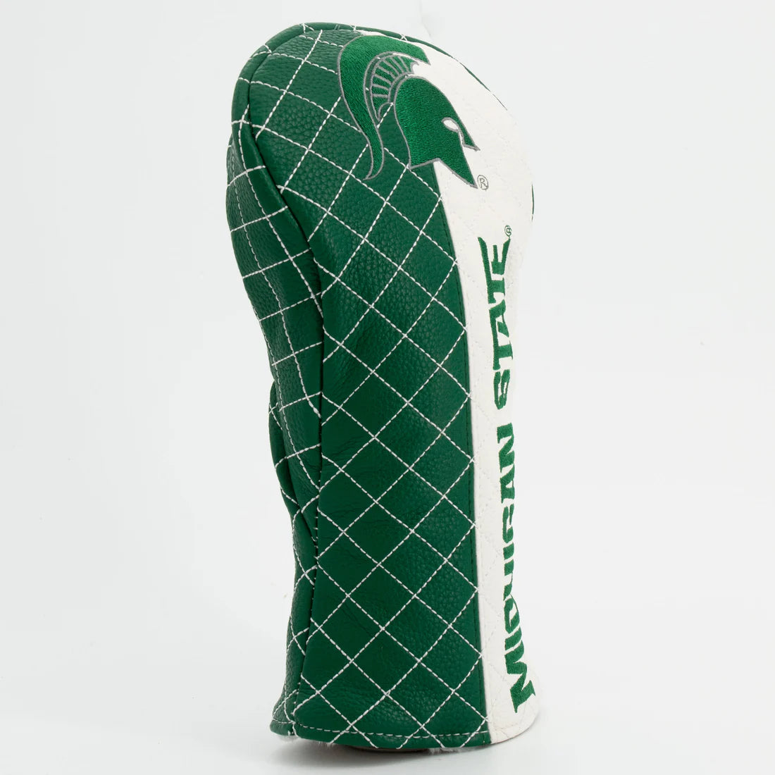 Green and white golf club head cover with Michigan State logo on a light gray background