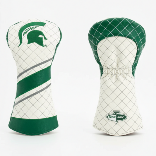 Two green and white golf club head covers on a light gray background