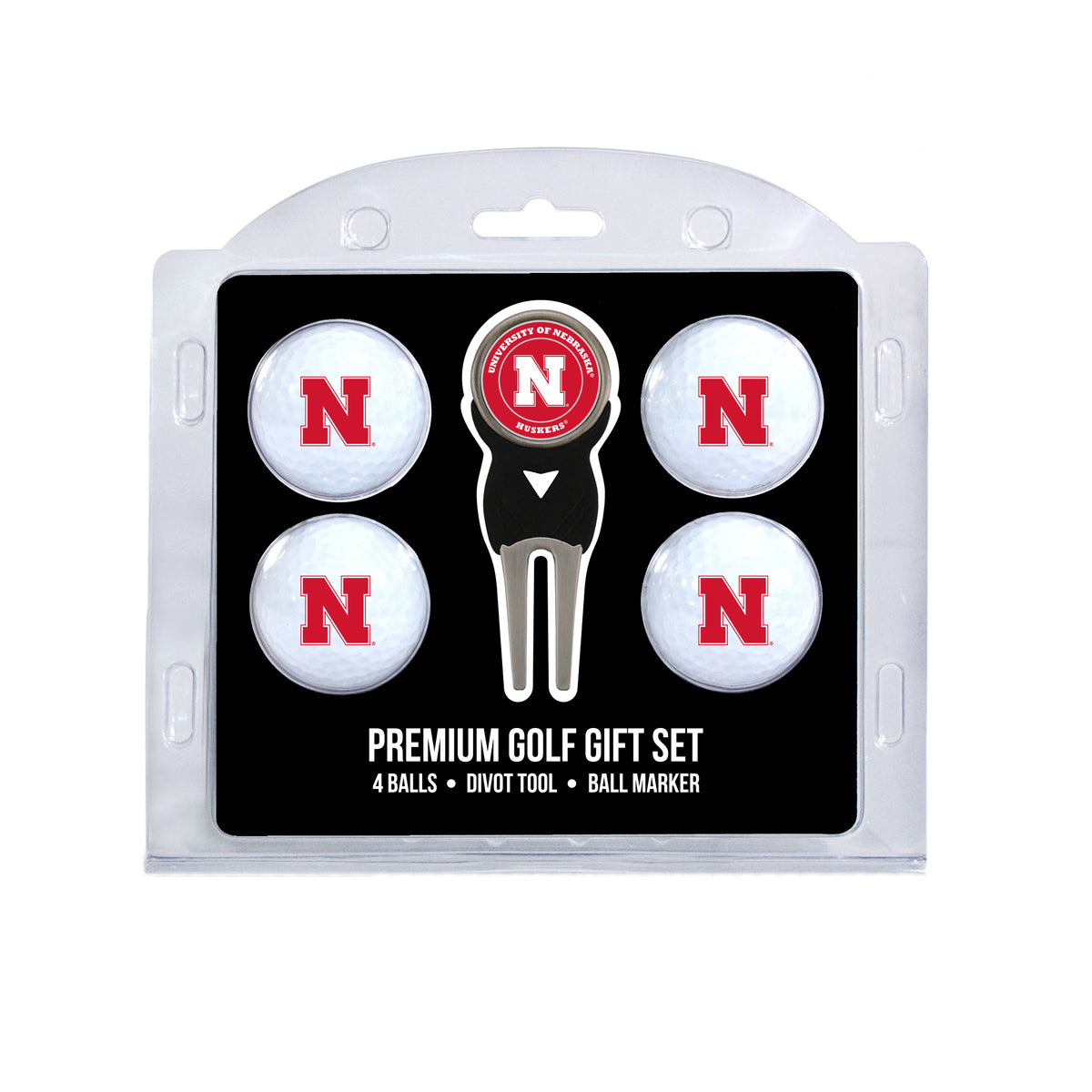 Nebraska four ball golf gift set with divot tool and ball marker