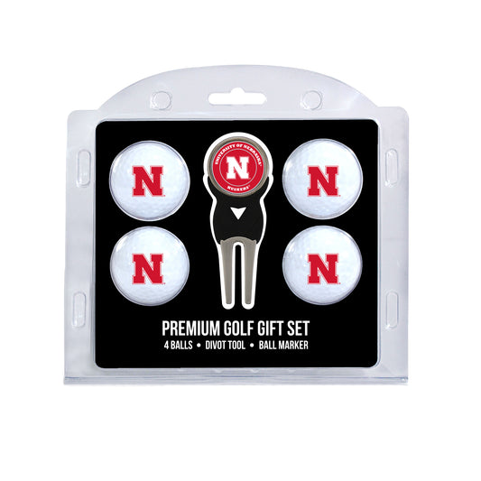Nebraska four ball golf gift set with divot tool and ball marker