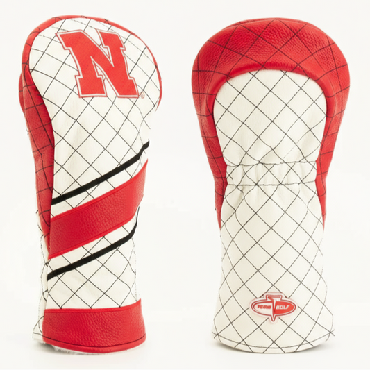 Red and white golf club head covers with a prominent 'N' logo on a light gray background
