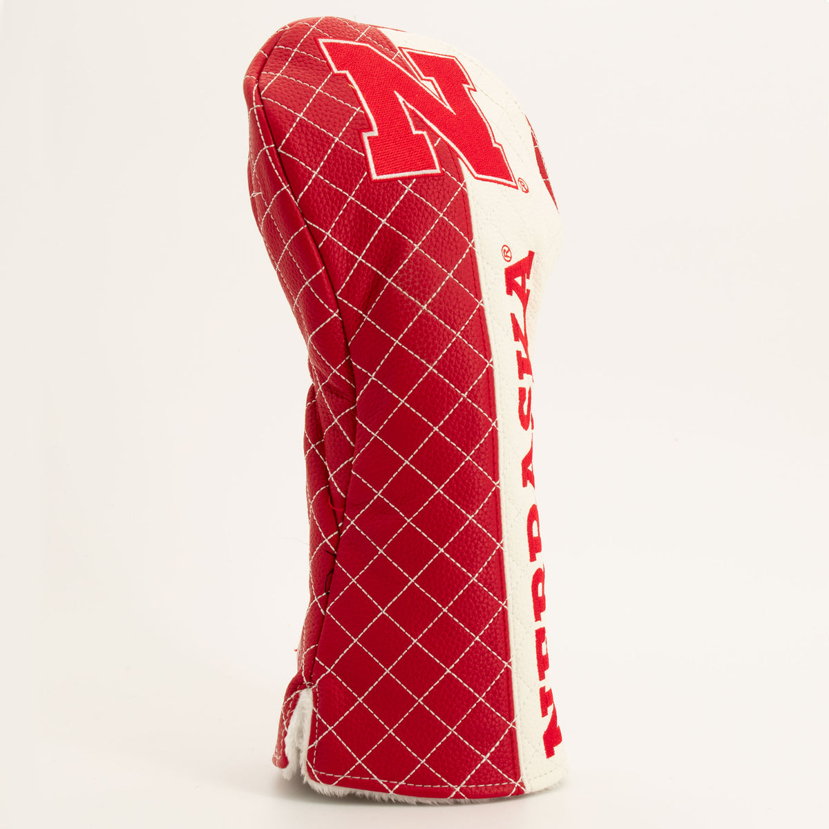 Nebraska Cornhuskers split quilted driver headcover, close-up of diamond stitching and exterior texture