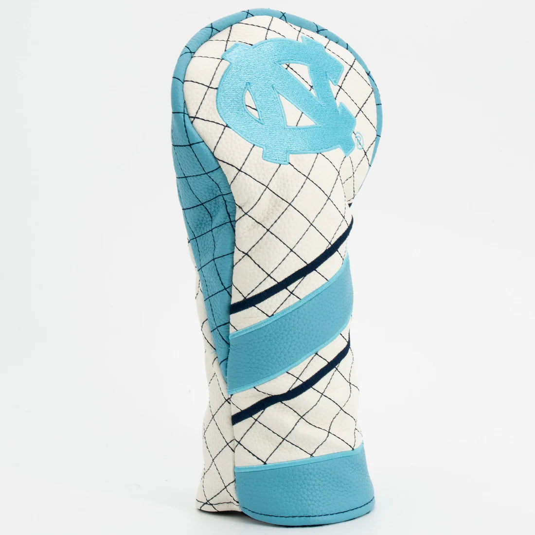 Golf club head cover with blue and white design on a white background