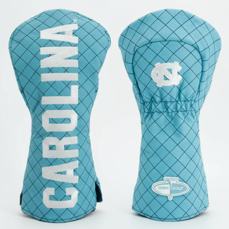 Two blue golf club head covers with 'Carolina' branding on a light gray background