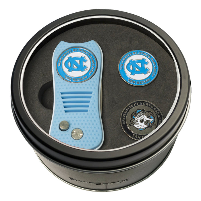 North Carolina Tar Heels Switchblade divot tool and ball marker tin gift set