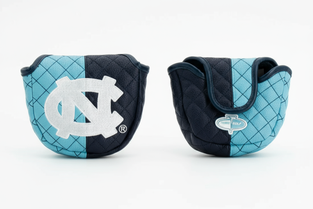 Two quilted golf club covers with logos on a white background