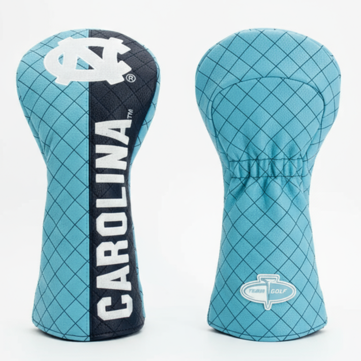 Two teal golf club head covers with 'Carolina' branding on a white background