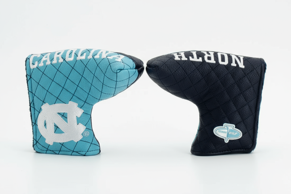 Two golf club head covers, one blue and one black, with logos on a white background.