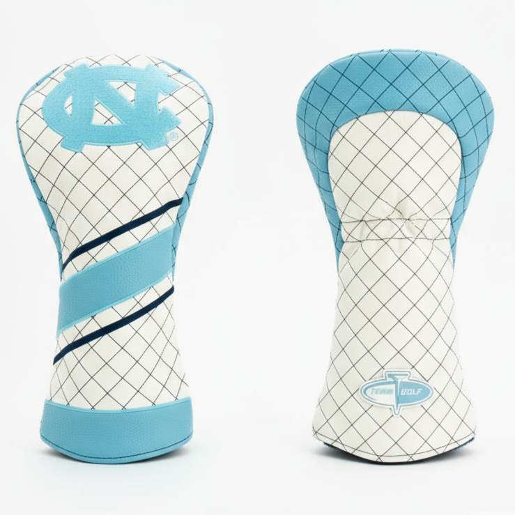 Two golf club head covers with a blue and white design on a light gray background