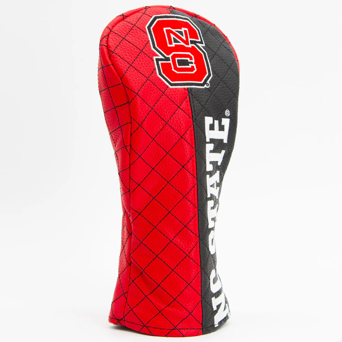 Red and black golf club head cover with a logo on a white background