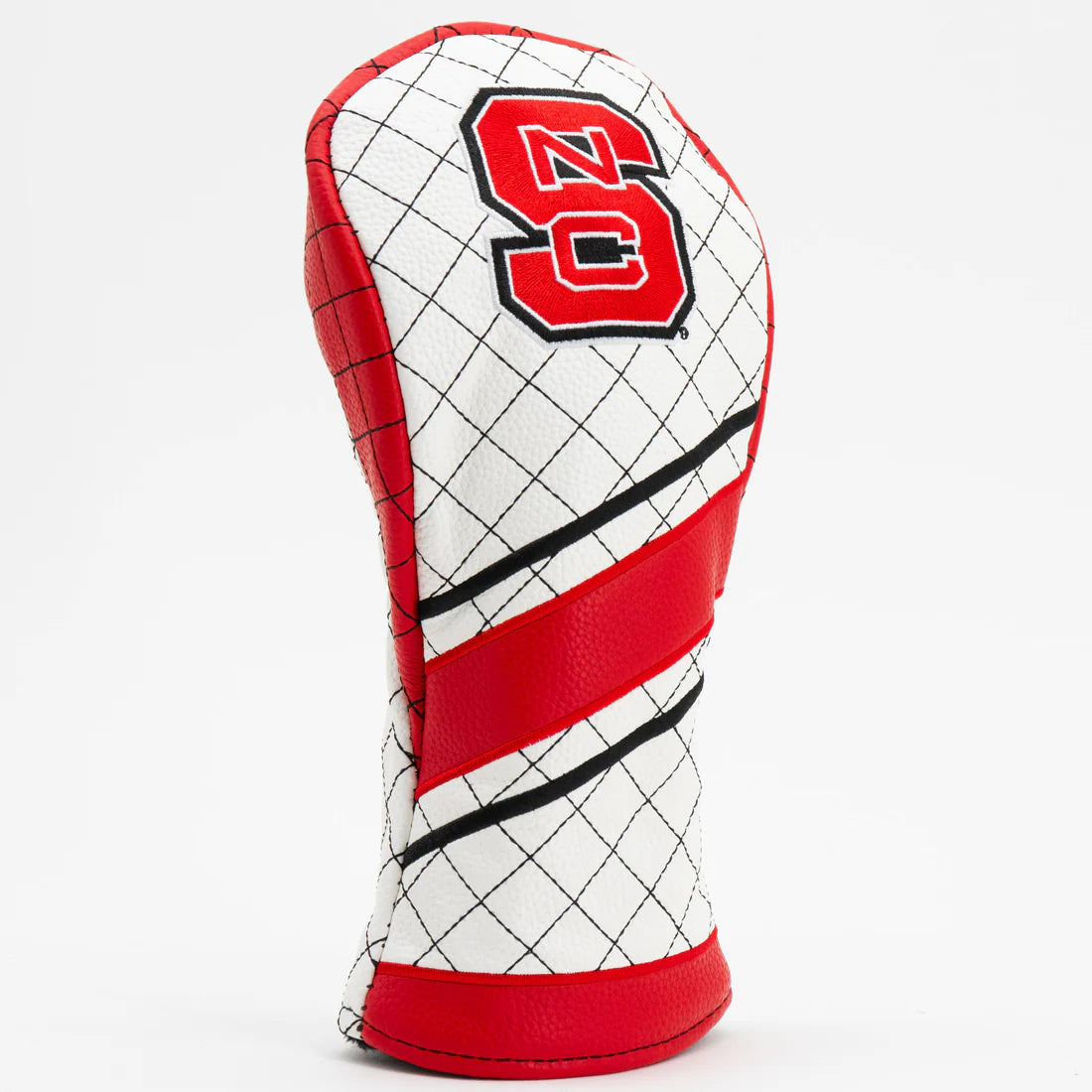 Golf club head cover with red and white design and NC logo on a white background